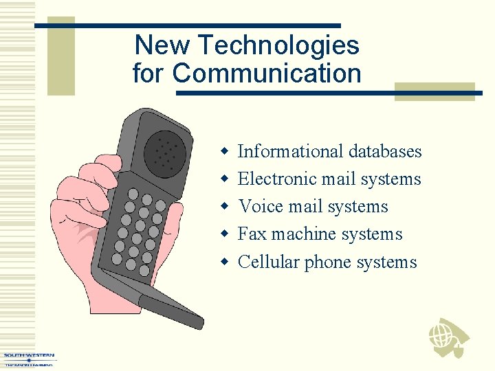 New Technologies for Communication w w w Informational databases Electronic mail systems Voice mail