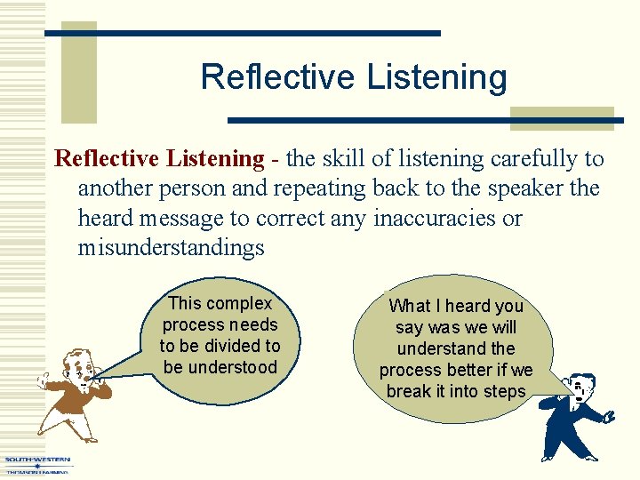 Reflective Listening - the skill of listening carefully to another person and repeating back