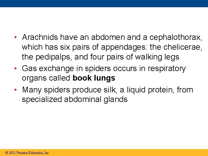  • Arachnids have an abdomen and a cephalothorax, which has six pairs of