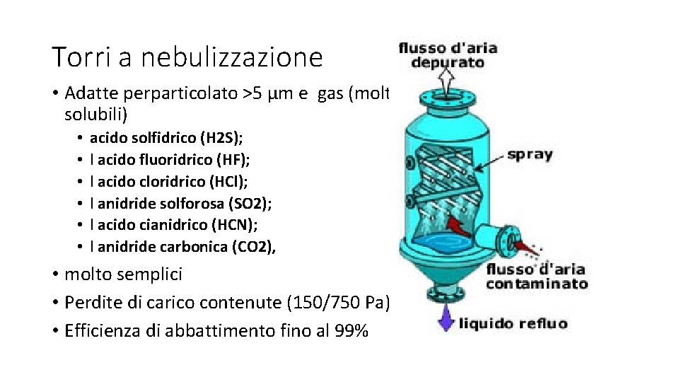 Torri a nebulizzazione • Adatte perparticolato >5 µm e gas (molto solubili) • •