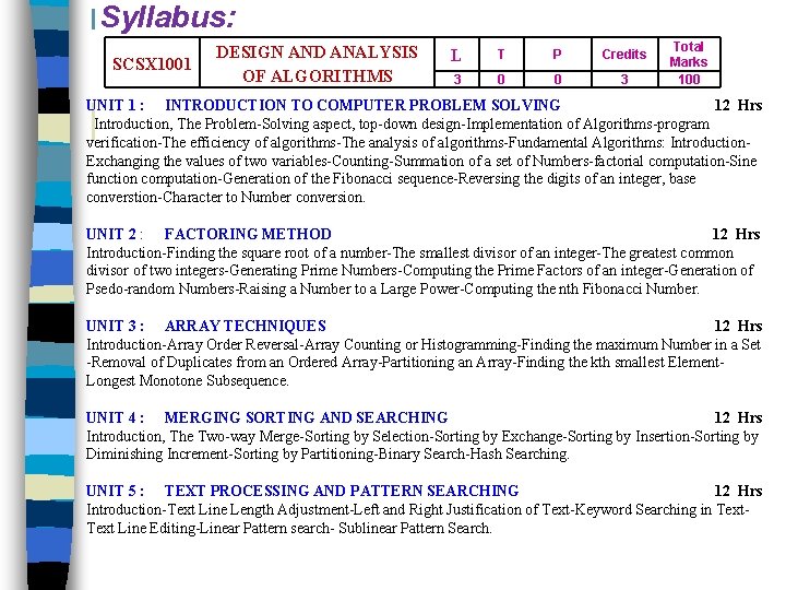 Syllabus: SCSX 1001 DESIGN AND ANALYSIS OF ALGORITHMS L T P Credits 3 0