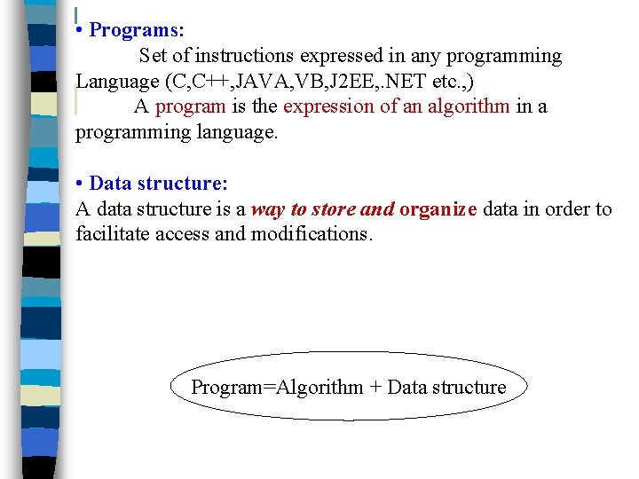  • Programs: Set of instructions expressed in any programming Language (C, C++, JAVA,