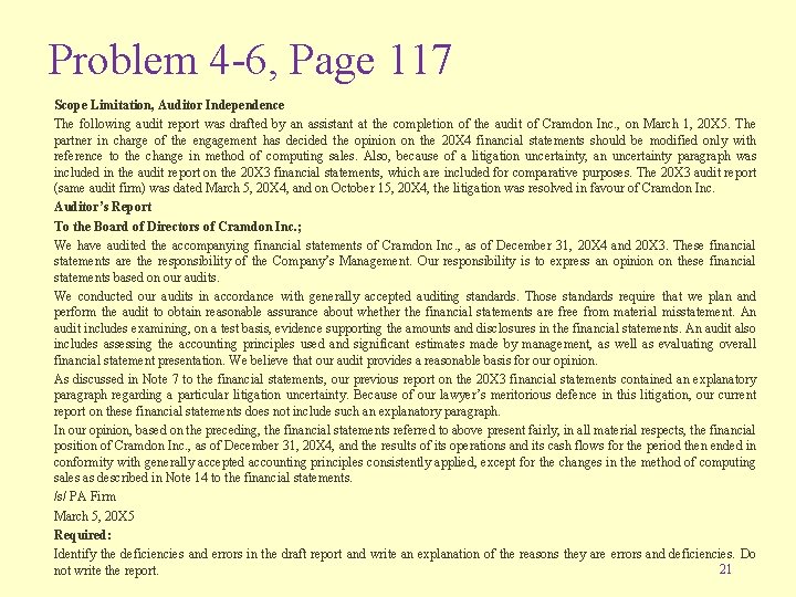Problem 4 -6, Page 117 Scope Limitation, Auditor Independence The following audit report was