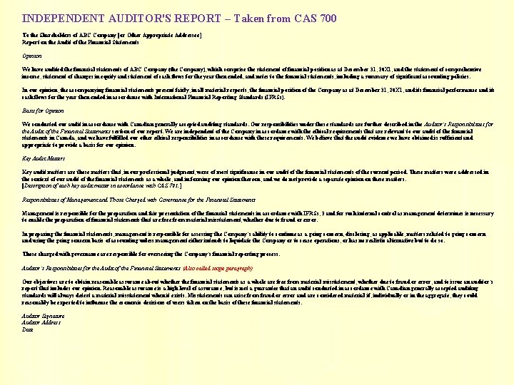 INDEPENDENT AUDITOR'S REPORT – Taken from CAS 700 To the Shareholders of ABC Company