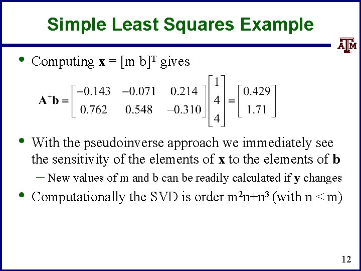 Simple Least Squares Example • Computing x = [m b]T gives • With the