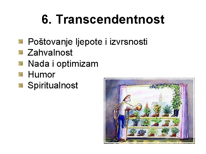 6. Transcendentnost Poštovanje ljepote i izvrsnosti Zahvalnost Nada i optimizam Humor Spiritualnost 