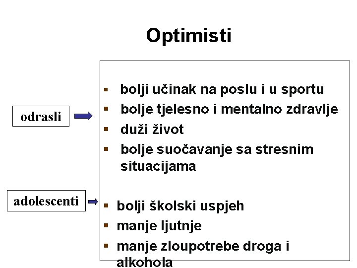 Optimisti § bolji učinak na poslu i u sportu odrasli adolescenti § bolje tjelesno