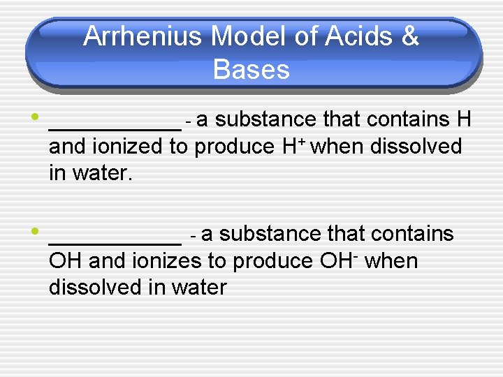 Arrhenius Model of Acids & Bases • _____ - a substance that contains H