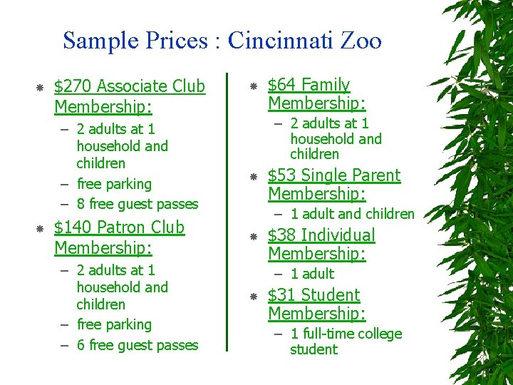 Sample Prices : Cincinnati Zoo $270 Associate Club Membership: – 2 adults at 1