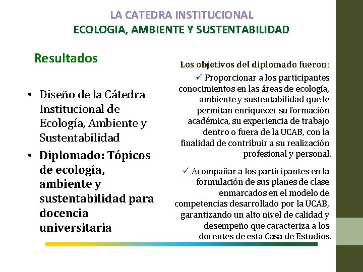 LA CATEDRA INSTITUCIONAL ECOLOGIA, AMBIENTE Y SUSTENTABILIDAD Resultados • Diseño de la Cátedra Institucional