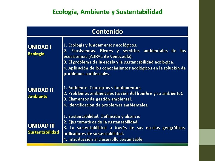 Ecología, Ambiente y Sustentabilidad Contenido UNIDAD I 1. Ecología y fundamentos ecológicos. 2. Ecosistemas.