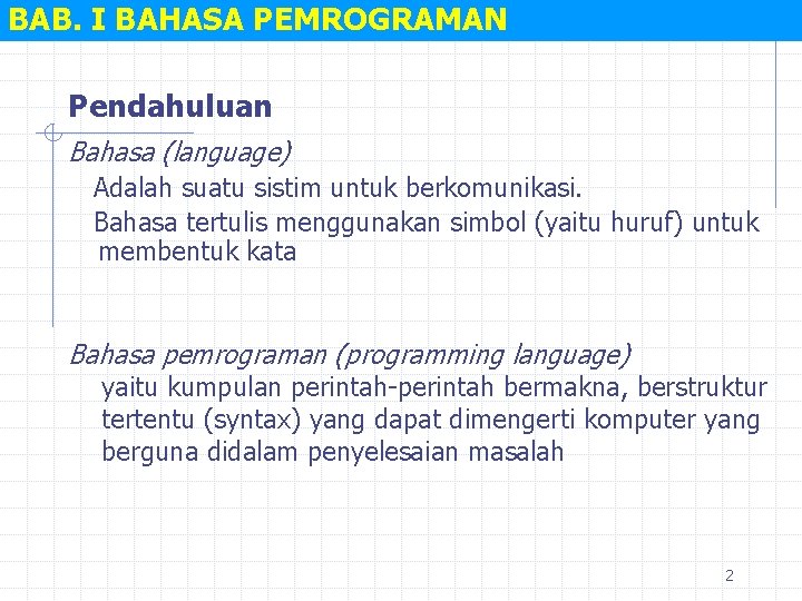 BAB. I BAHASA PEMROGRAMAN Pendahuluan Bahasa (language) Adalah suatu sistim untuk berkomunikasi. Bahasa tertulis