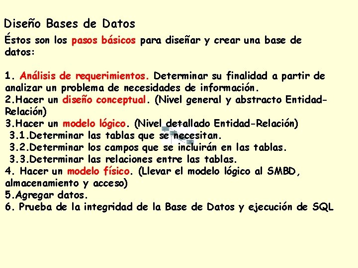 Diseño Bases de Datos Éstos son los pasos básicos para diseñar y crear una