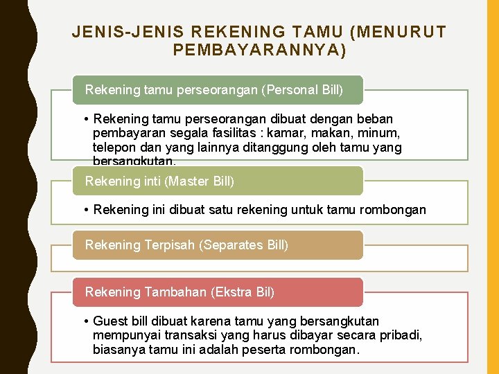 JENIS-JENIS REKENING TAMU (MENURUT PEMBAYARANNYA) Rekening tamu perseorangan (Personal Bill) • Rekening tamu perseorangan