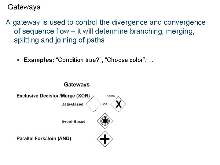 Gateways A gateway is used to control the divergence and convergence of sequence flow