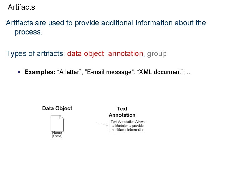 Artifacts are used to provide additional information about the process. Types of artifacts: data