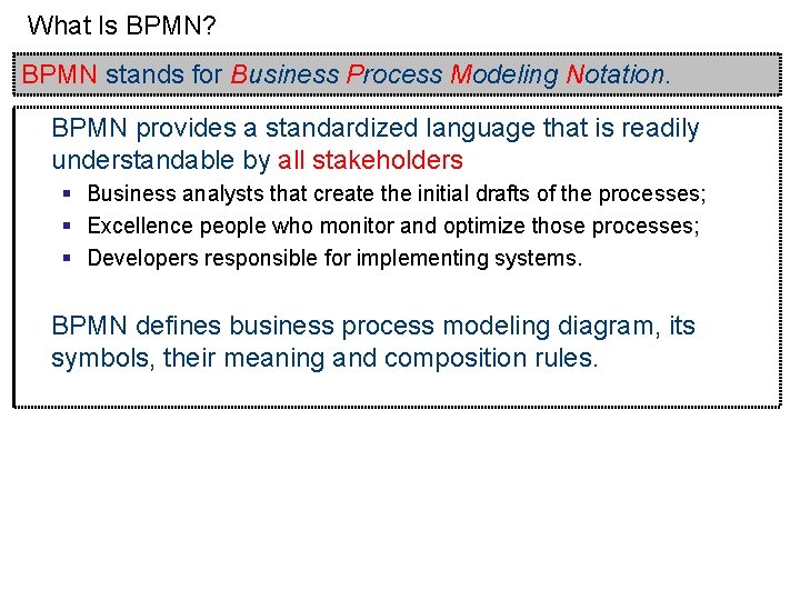 What Is BPMN? BPMN stands for Business Process Modeling Notation. BPMN provides a standardized