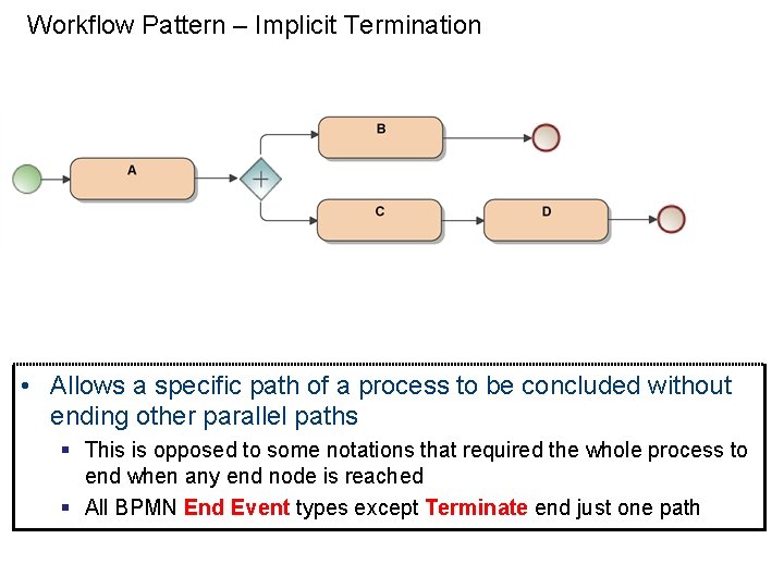 Workflow Pattern – Implicit Termination • Allows a specific path of a process to