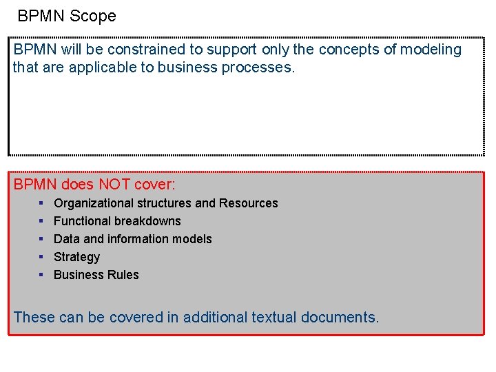 BPMN Scope BPMN will be constrained to support only the concepts of modeling that