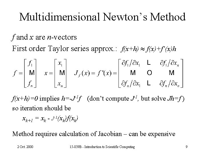 Multidimensional Newton’s Method f and x are n-vectors First order Taylor series approx. :