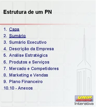 Estrutura de um PN 1. Capa 2. Sumário 3. Sumário Executivo 4. Descrição da