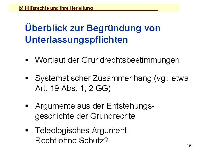 b) Hilfsrechte und ihre Herleitung Überblick zur Begründung von Unterlassungspflichten § Wortlaut der Grundrechtsbestimmungen