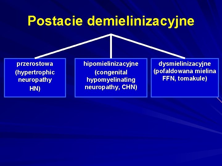 Postacie demielinizacyjne przerostowa (hypertrophic neuropathy HN) hipomielinizacyjne (congenital hypomyelinating neuropathy, CHN) dysmielinizacyjne (pofałdowana mielina