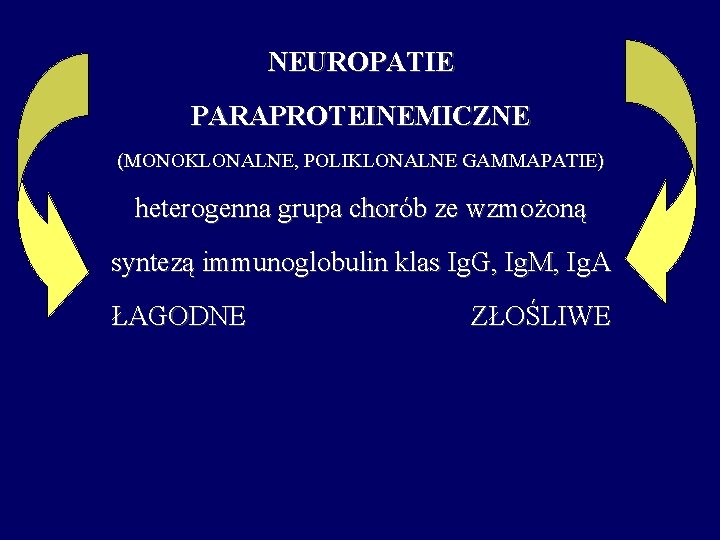 NEUROPATIE PARAPROTEINEMICZNE (MONOKLONALNE, POLIKLONALNE GAMMAPATIE) heterogenna grupa chorób ze wzmożoną syntezą immunoglobulin klas Ig.