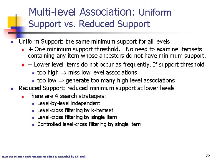Multi-level Association: Uniform Support vs. Reduced Support n Uniform Support: the same minimum support