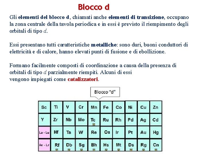 Blocco d Gli elementi del blocco d, chiamati anche elementi di transizione, occupano elementi