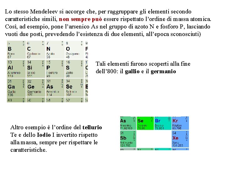 Lo stesso Mendeleev si accorge che, per raggruppare gli elementi secondo caratteristiche simili, non