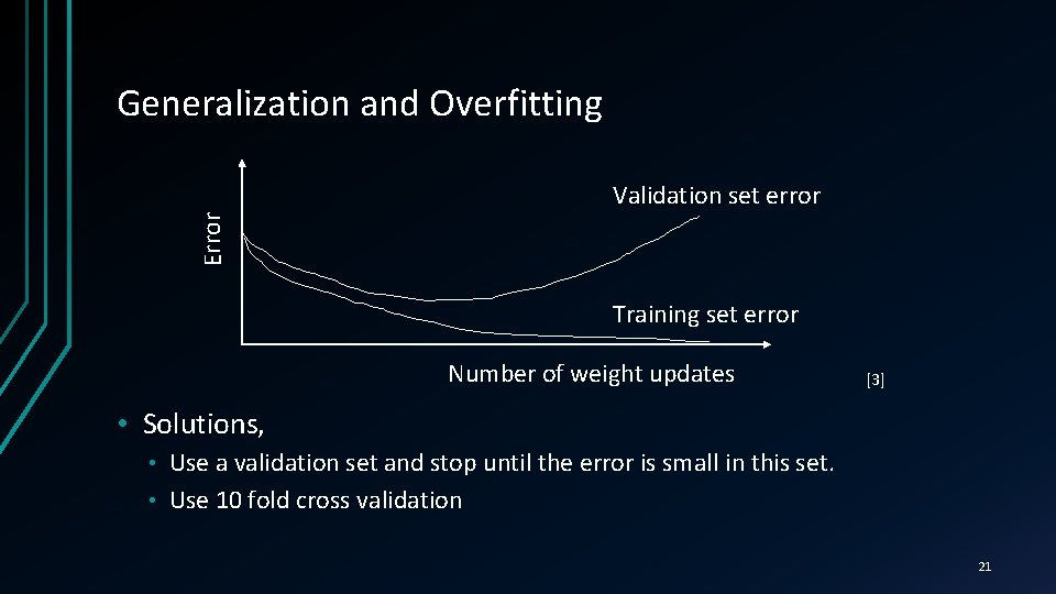Generalization and Overfitting Error Validation set error Training set error Number of weight updates