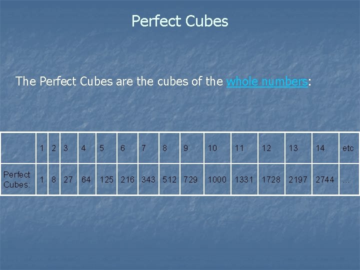 Perfect Cubes The Perfect Cubes are the cubes of the whole numbers: 1 2 Perfect Cubes The Perfect Cubes are the cubes of the whole numbers: 1 2