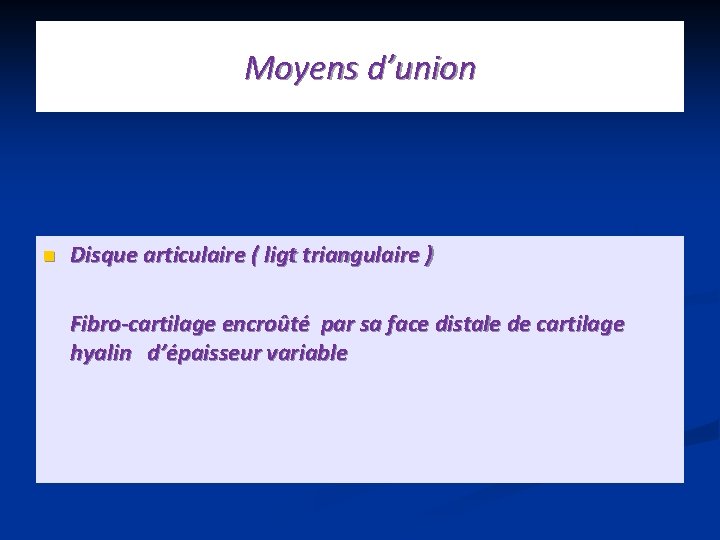 Moyens d’union n Disque articulaire ( ligt triangulaire ) Fibro-cartilage encroûté par sa face