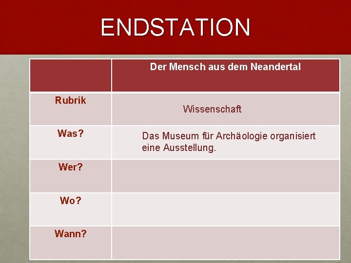 ENDSTATION Der Mensch aus dem Neandertal Rubrik Was? Wer? Wo? Wann? Wissenschaft Das Museum ENDSTATION Der Mensch aus dem Neandertal Rubrik Was? Wer? Wo? Wann? Wissenschaft Das Museum