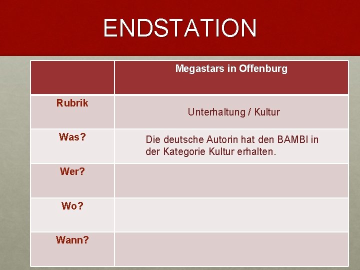 ENDSTATION Megastars in Offenburg Rubrik Was? Wer? Wo? Wann? Unterhaltung / Kultur Die deutsche ENDSTATION Megastars in Offenburg Rubrik Was? Wer? Wo? Wann? Unterhaltung / Kultur Die deutsche