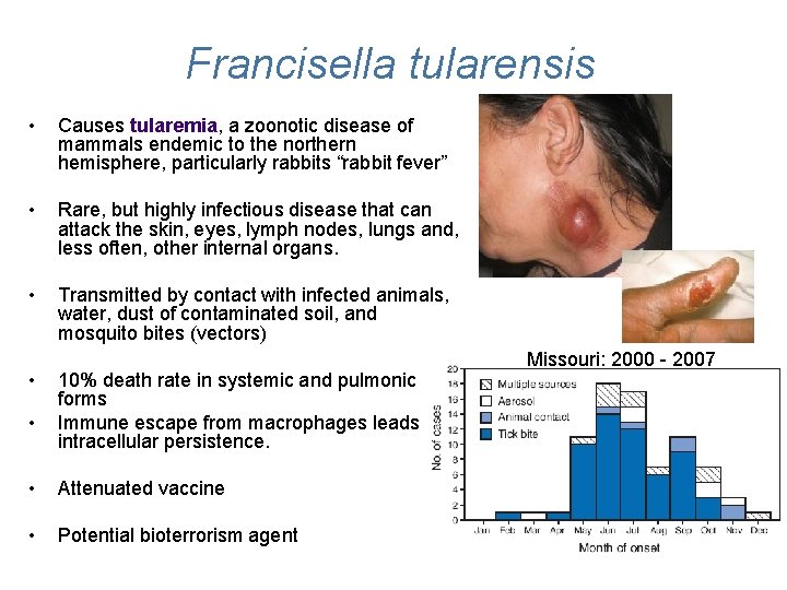 Francisella tularensis • Causes tularemia, a zoonotic disease of mammals endemic to the northern Francisella tularensis • Causes tularemia, a zoonotic disease of mammals endemic to the northern