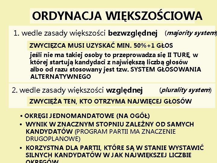 ORDYNACJA WIĘKSZOŚCIOWA 1. wedle zasady większości bezwzględnej (majority system) ZWYCIĘZCA MUSI UZYSKAĆ MIN. 50%+1