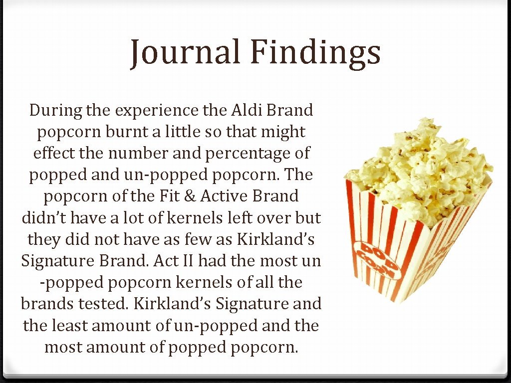 Journal Findings During the experience the Aldi Brand popcorn burnt a little so that