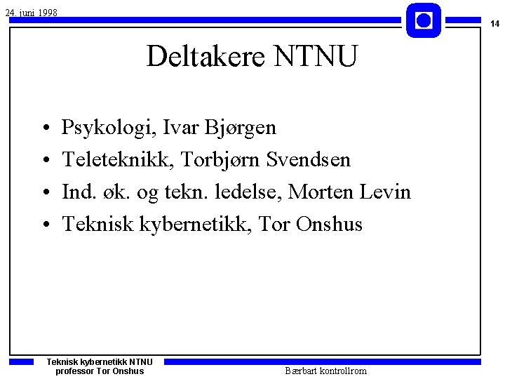 24. juni 1998 14 Deltakere NTNU • • Psykologi, Ivar Bjørgen Teleteknikk, Torbjørn Svendsen