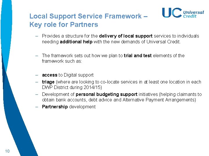 Local Support Service Framework – Key role for Partners – Provides a structure for