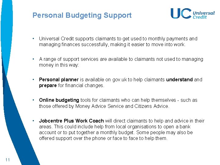 Personal Budgeting Support • Universal Credit supports claimants to get used to monthly payments