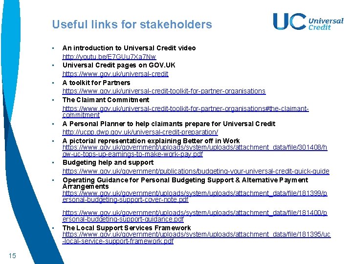 Useful links for stakeholders • • • 15 An introduction to Universal Credit video