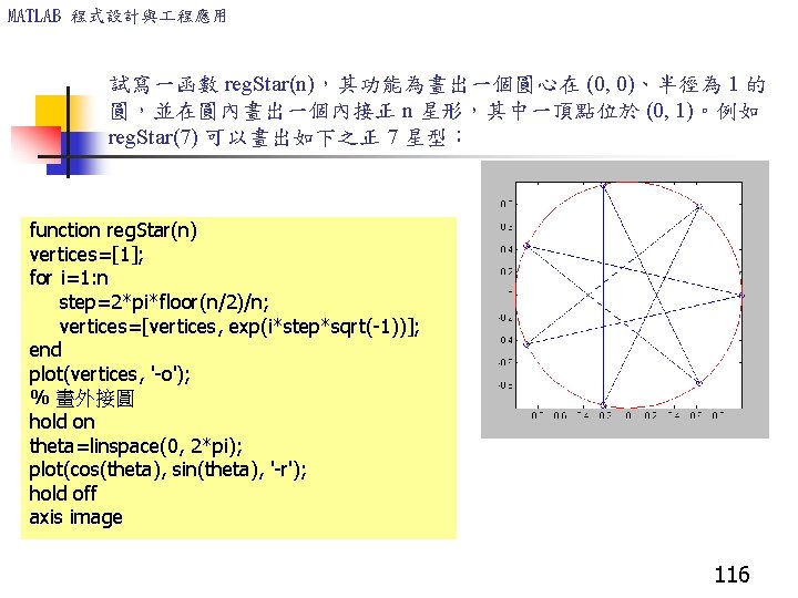 MATLAB 程式設計與 程應用 試寫一函數 reg. Star(n)，其功能為畫出一個圓心在 (0, 0)、半徑為 1 的 圓，並在圓內畫出一個內接正 n 星形，其中一頂點位於 (0,