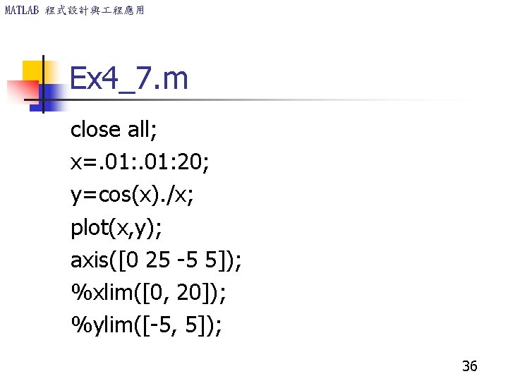 MATLAB 程式設計與 程應用 Ex 4_7. m close all; x=. 01: 20; y=cos(x). /x; plot(x,
