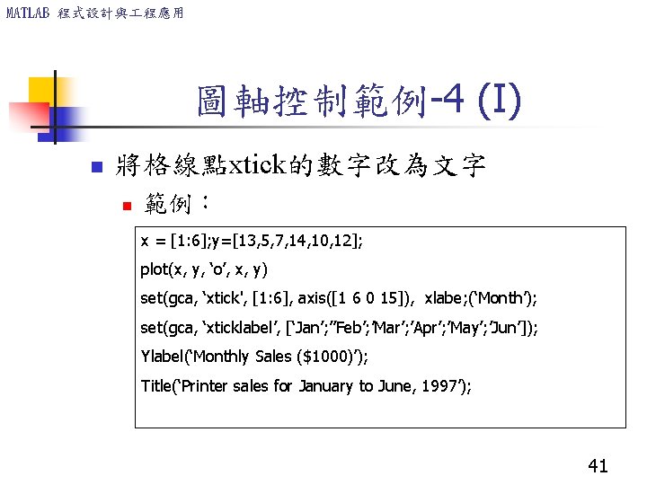 MATLAB 程式設計與 程應用 圖軸控制範例-4 (I) n 將格線點xtick的數字改為文字 n 範例： x = [1: 6]; y=[13,