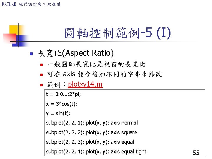MATLAB 程式設計與 程應用 圖軸控制範例-5 (I) n 長寬比(Aspect Ratio) n n n 一般圖軸長寬比是視窗的長寬比 可在 axis