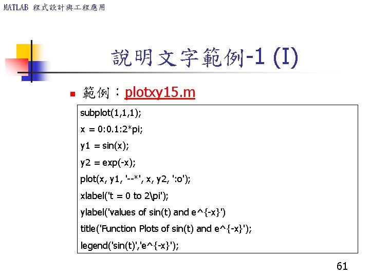 MATLAB 程式設計與 程應用 說明文字範例-1 (I) n 範例：plotxy 15. m subplot(1, 1, 1); x =