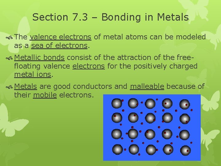 Section 7. 3 – Bonding in Metals The valence electrons of metal atoms can