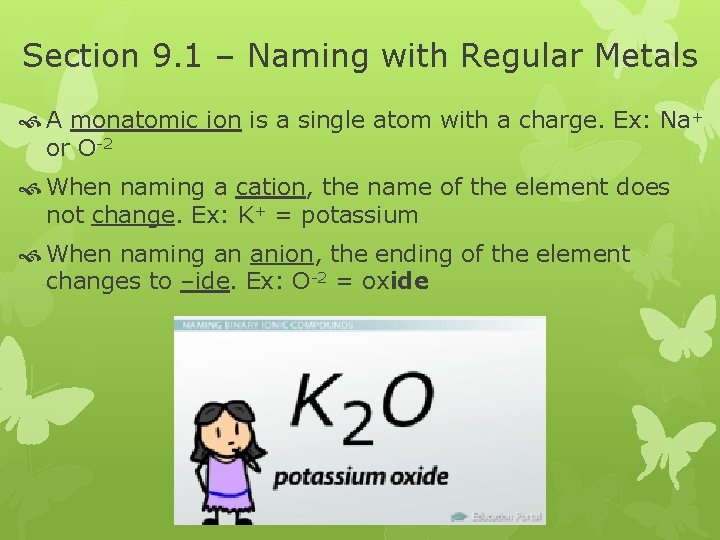 Section 9. 1 – Naming with Regular Metals A monatomic ion is a single